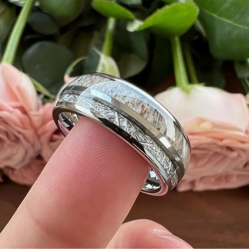 Men’s 304 Stainless Steel Silver Meteorite and Deer Antler Inlay Wedding Ring - Picture 4 of 12